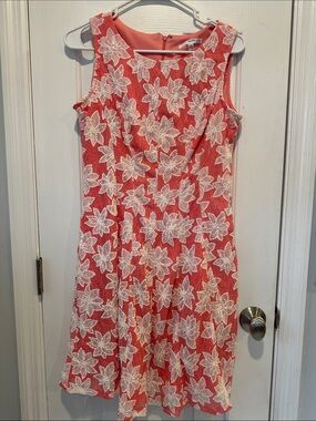 Studio One Coral Dress with White Floral Lace Overlay